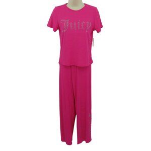 Juicy Couture Medium Pink Ribbed Rhinestone Logo Shirt Pants PJs Pajama Set NEW